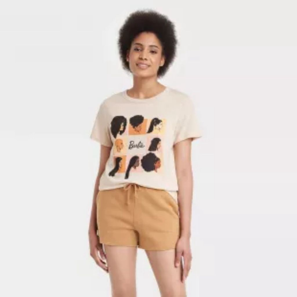 Women's Barbie Soft Beige Short Sleeve Tee Graphic Print Streetwear Casual Large